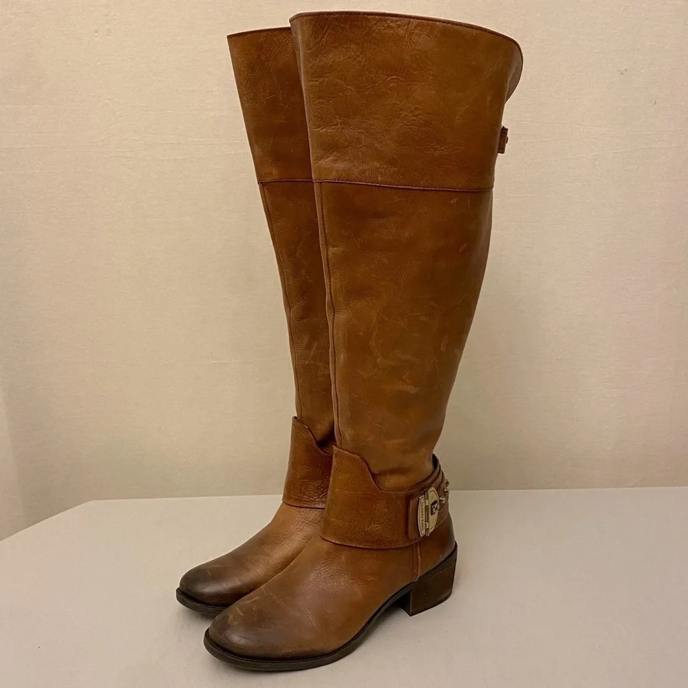 Vince Camuto 6.5 Leather Knee Boots Brown Harness Women’s Zippers Logo
